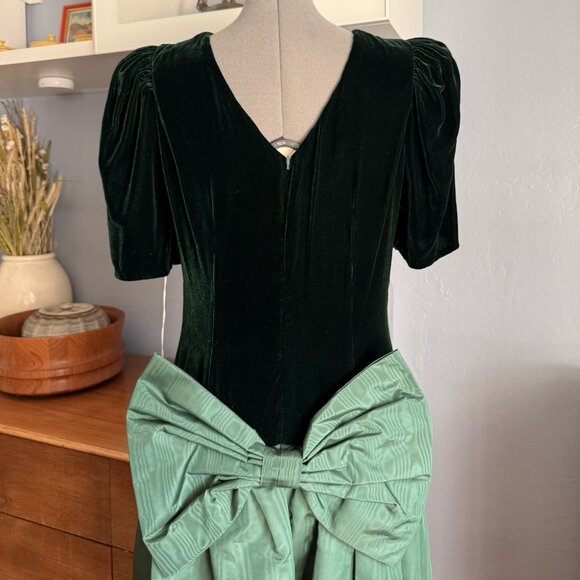 Vtg 80s Jane Schaffhausen Belle France Green Velvet & Taffeta Midi Dress Bk Bow - Picture 6 of 8